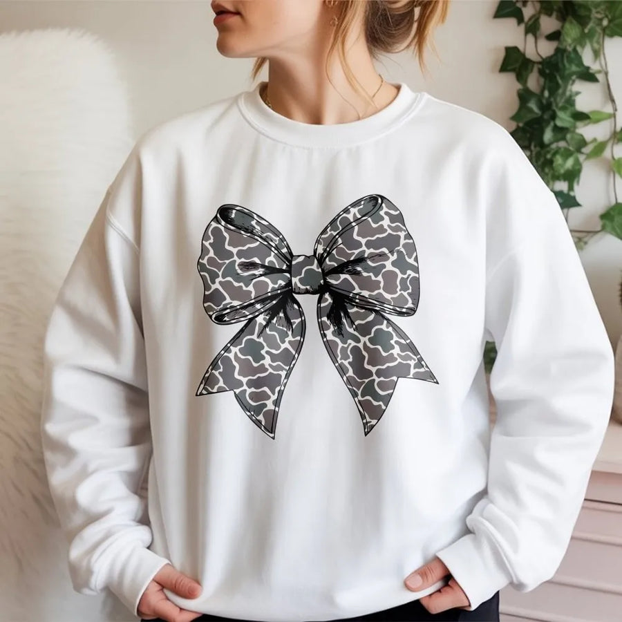 Camo Bow Sweatshirt | Trendy Coquette Aesthetic Graphic Print | Premium Soft Cotton Blend | Aesthetic Gift For Her And Hunting Lovers