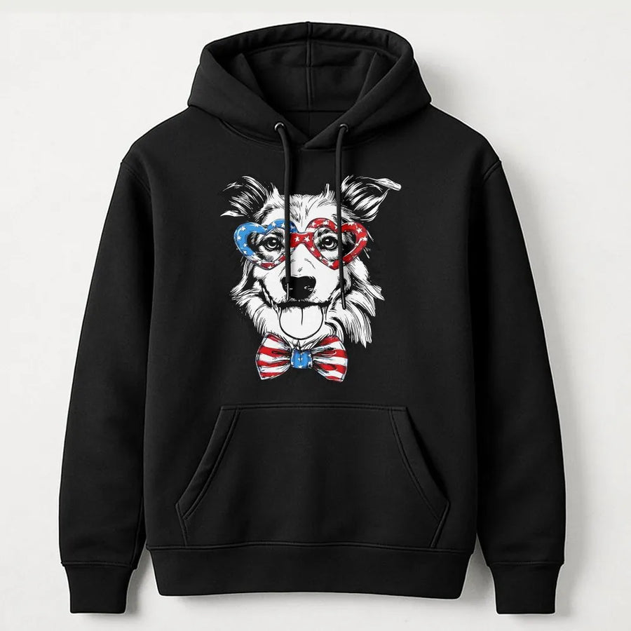 Patriotic Dog Hoodie | Border Collie with USA Flag Glasses | Soft Cotton Blend Pullover | Unisex 4th of July Gift for Dog Lover