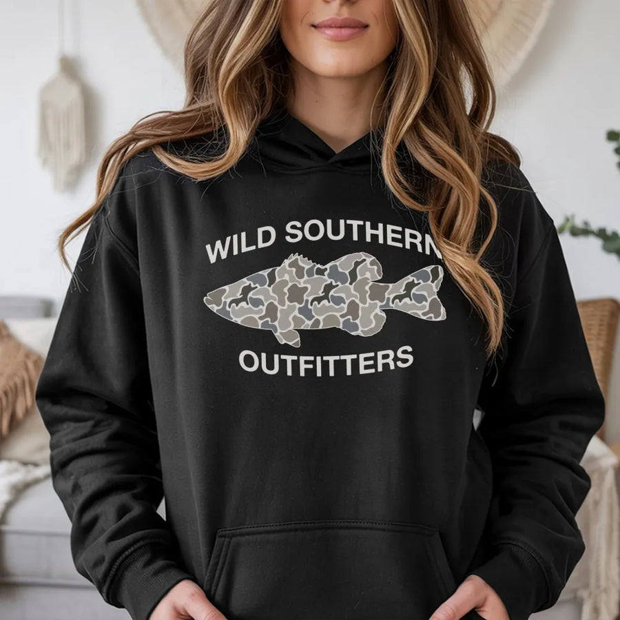 Fishing Hoodie | Camo Bass Fish Graphic | Premium Cotton Blend | Gift for Outdoorsmen and Anglers