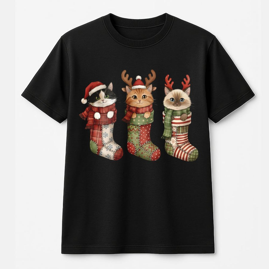 Christmas Cat Stocking T-Shirt | Cute Kitten Holiday Graphic | Premium 100% Cotton Tee | Festive Gift for Cat Lovers