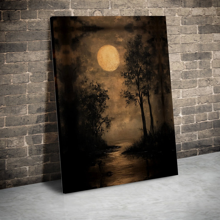 Moody Forest Wall Art | Full Moon River Landscape Canvas | Premium Gallery Wrapped Decor | Dark Academia Gothic Home Gift