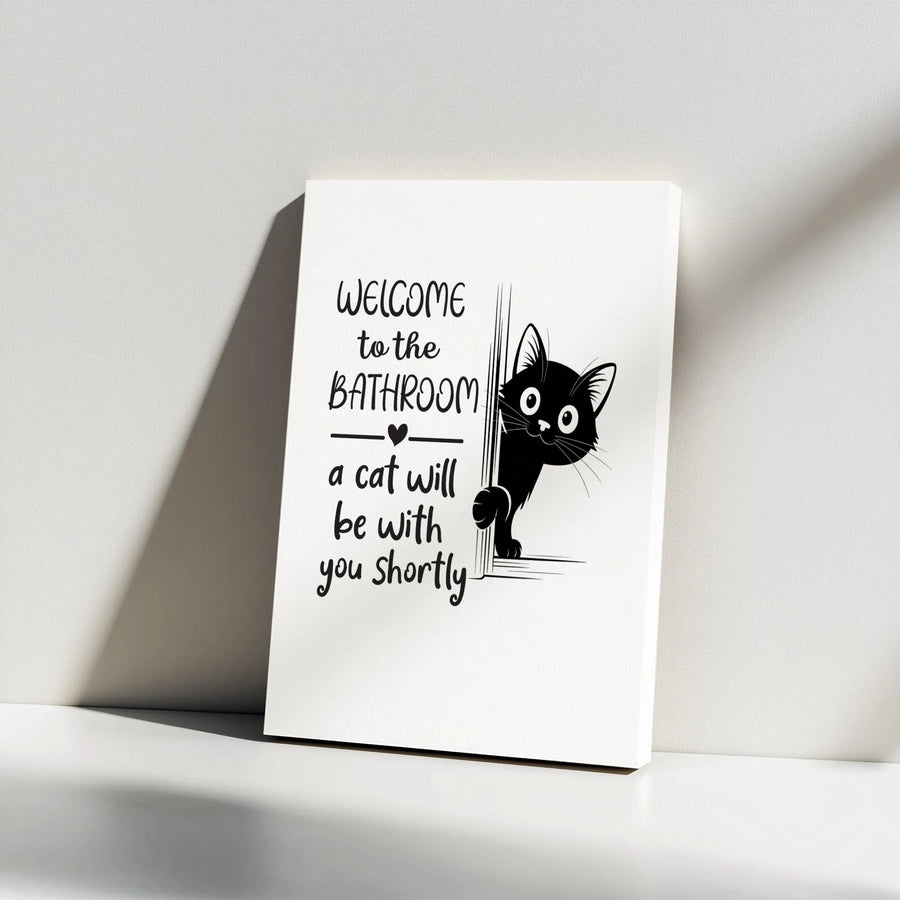 Cat Bathroom Wall Art | Funny Peeking Black Cat Sign | Premium Gallery Wrapped Canvas | Gift for Cat Lovers and Home Decor
