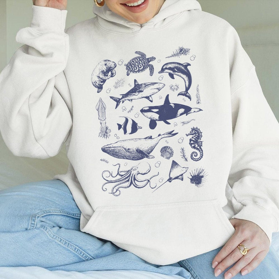 Marine Life Hoodie | Retro Ocean Sea Animal Sketch Art | Premium Cotton-Blend Pullover | Nature Lover Gift for Men & Women