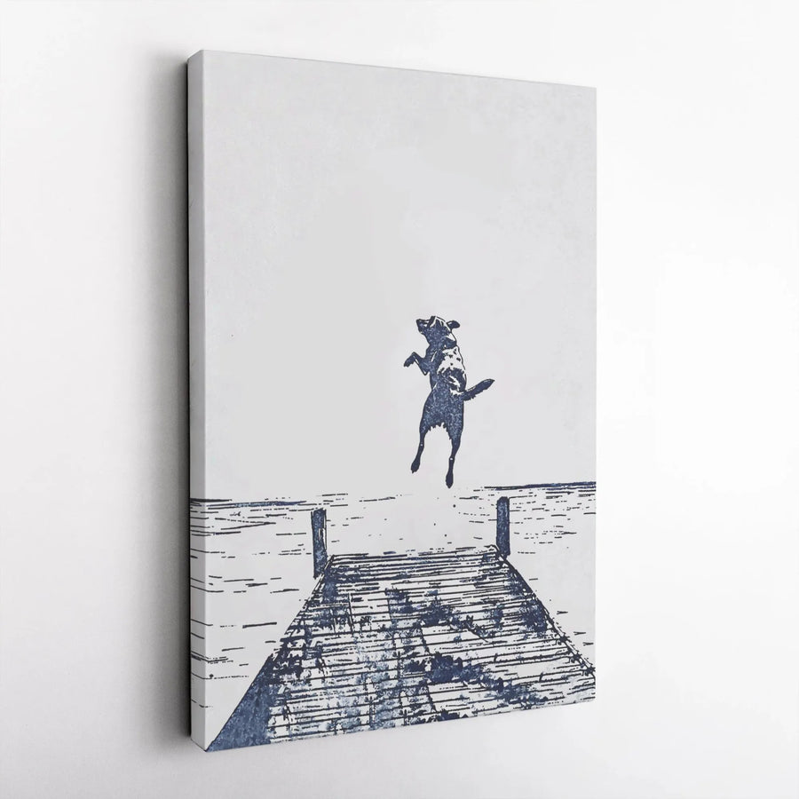 Dog Jumping Into Water Canvas Art | Minimalist Dock Sketch Print | Premium Gallery Wrap Wall Decor | Gift for Dog Lovers & Pet Owners