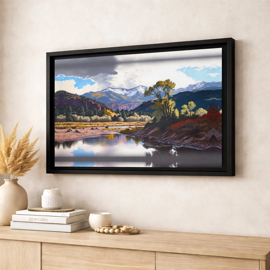 Mountain River Landscape Canvas Art | Snow-Capped Peak Nature Wall Decor | Gallery-Wrapped Premium Print | Rustic Cabin Interior Gift