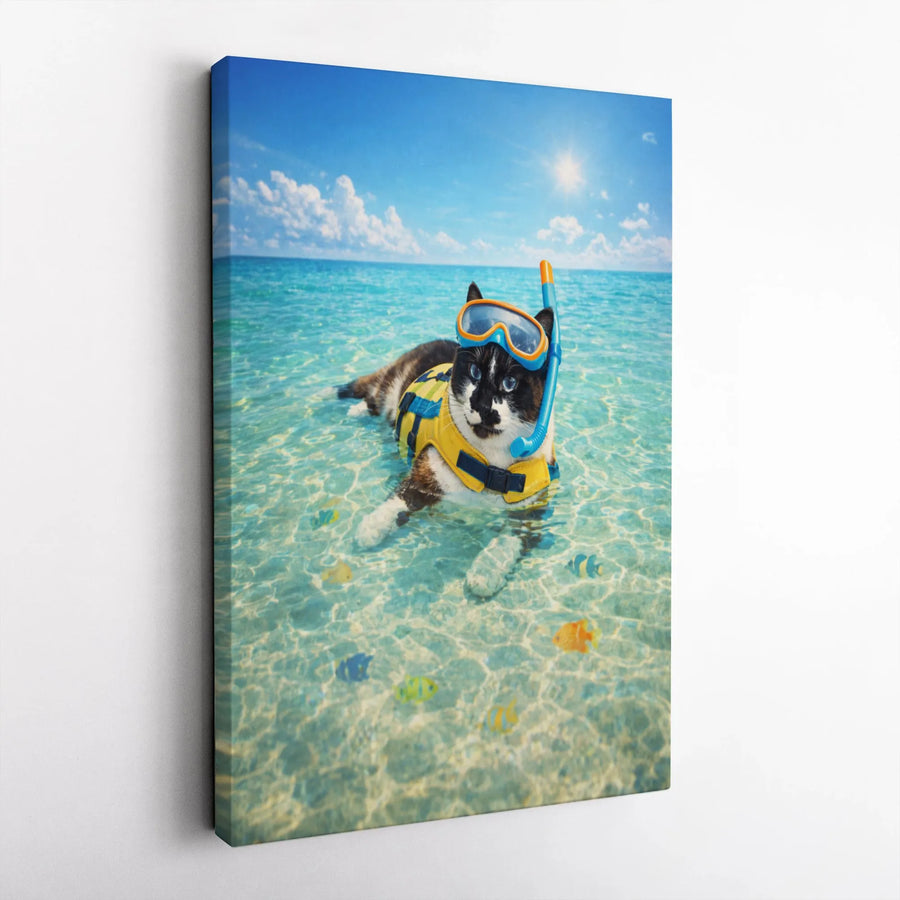 Snorkeling Cat Canvas Wall Art | Funny Tropical Beach Photo Print | Premium Gallery Wrap Canvas | Gift for Cat Lover, Coastal Bathroom Decor