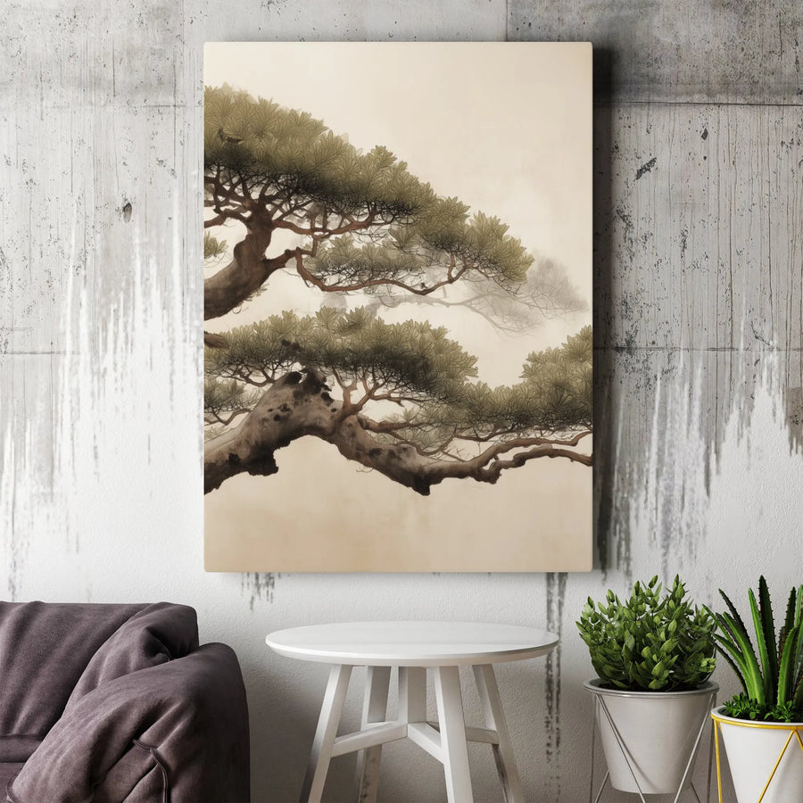 Japanese Pine Tree Canvas Wall Art | Misty Ink Wash Style Landscape | Premium Gallery Wrap Print | Zen Home Decor Gift for Minimalist