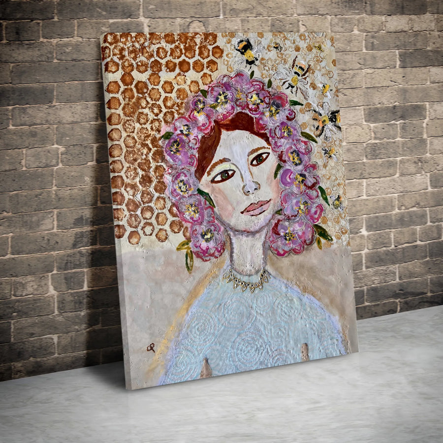 Floral Bee Queen Canvas Print | Textured Honeycomb & Flower Art | Premium Gallery Wrapped Canvas | Unique Gift for Nature Lover
