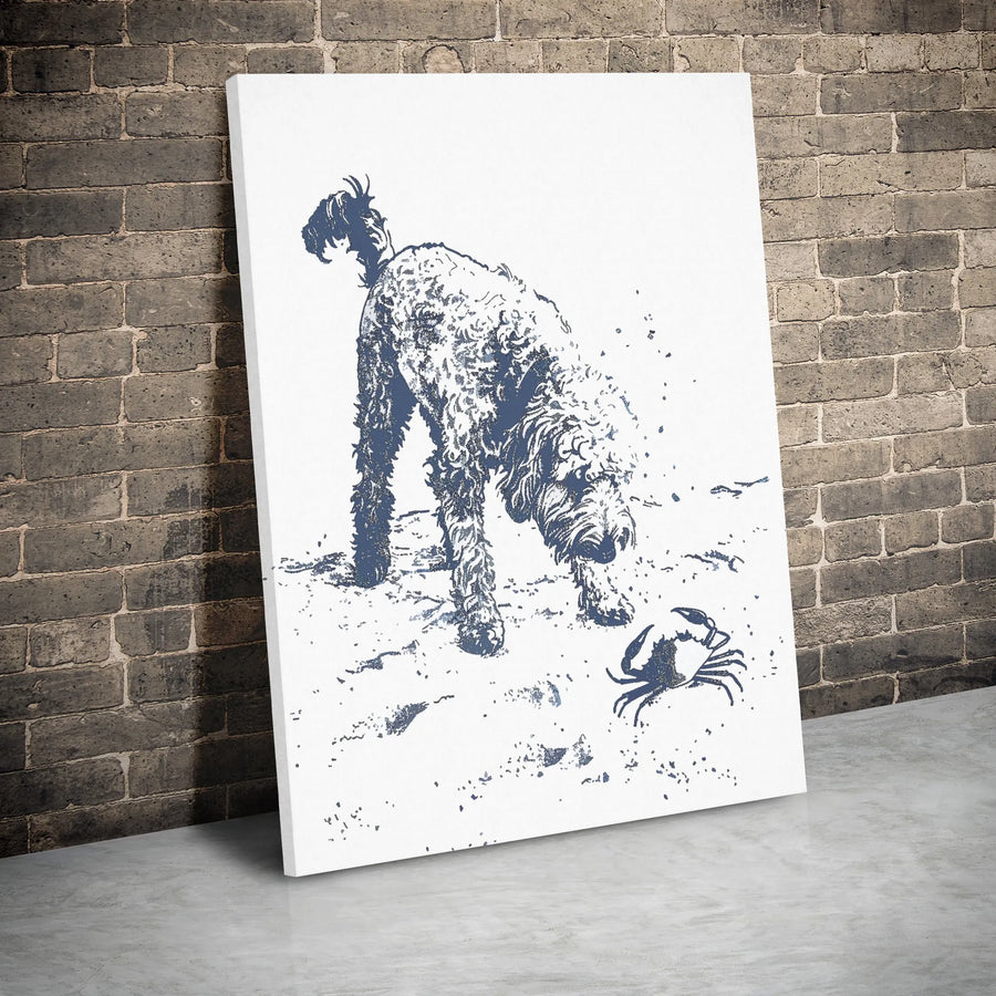 Doodle Dog Wall Art | Beach Sketch With Crab | Premium Gallery Wrapped Canvas | Coastal Decor Gift For Dog Lovers