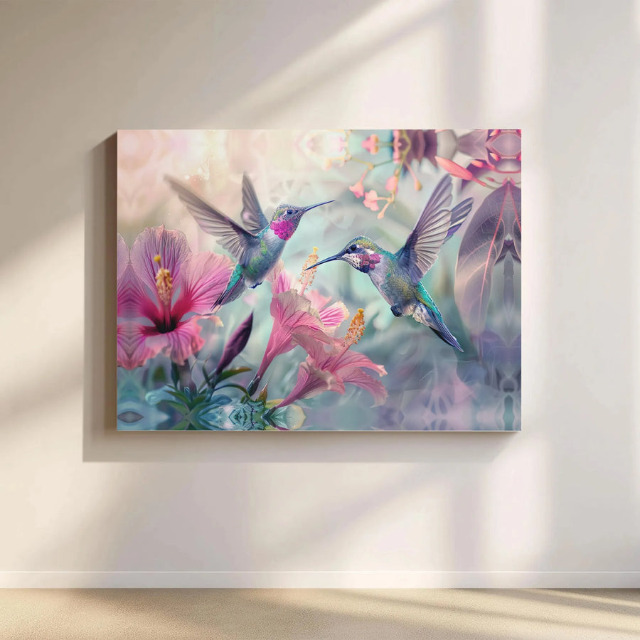 Hummingbird Canvas Wall Art | Ethereal Hummingbirds and Hibiscus Print | Premium Gallery Wrapped Canvas | Gift for Nature Lovers Living Room Decor