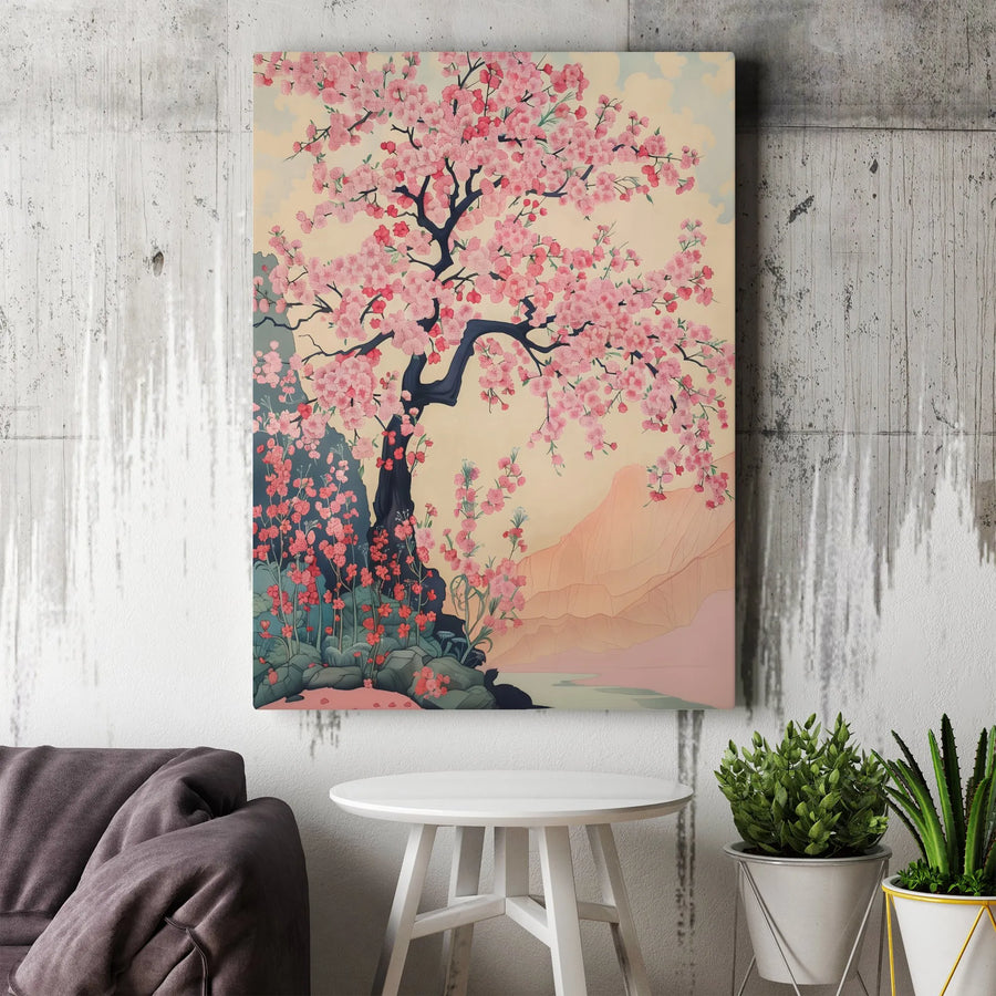 Japanese Cherry Blossom Canvas Art | Pink Sakura Tree Landscape Wall Decor | Gallery Quality Premium Print | Serene Zen Home Interior Gift