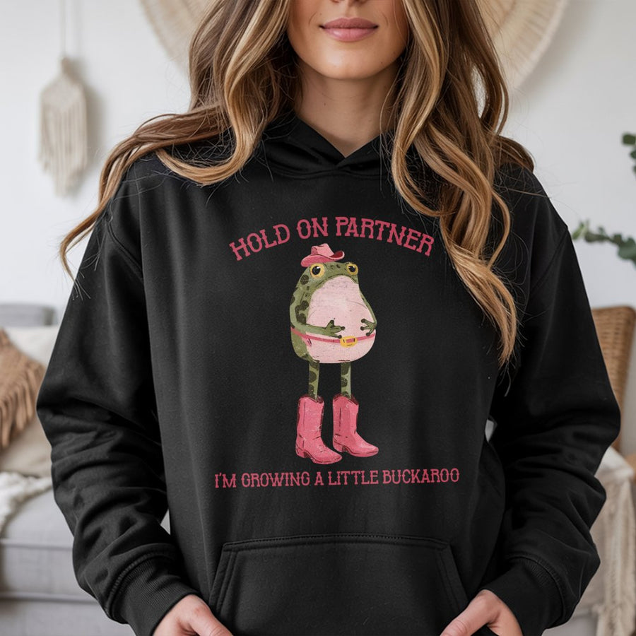 Hold On Partner Maternity Hoodie | Funny Frog Cowboy Pregnancy Announcement | Soft Cotton-Blend Pullover | Cute Gift for Expecting Mom