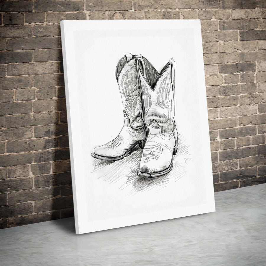 Cowboy Boots Wall Art | Western Pencil Sketch Illustration | Premium Gallery Canvas | Rustic Home Decor Gift for Him