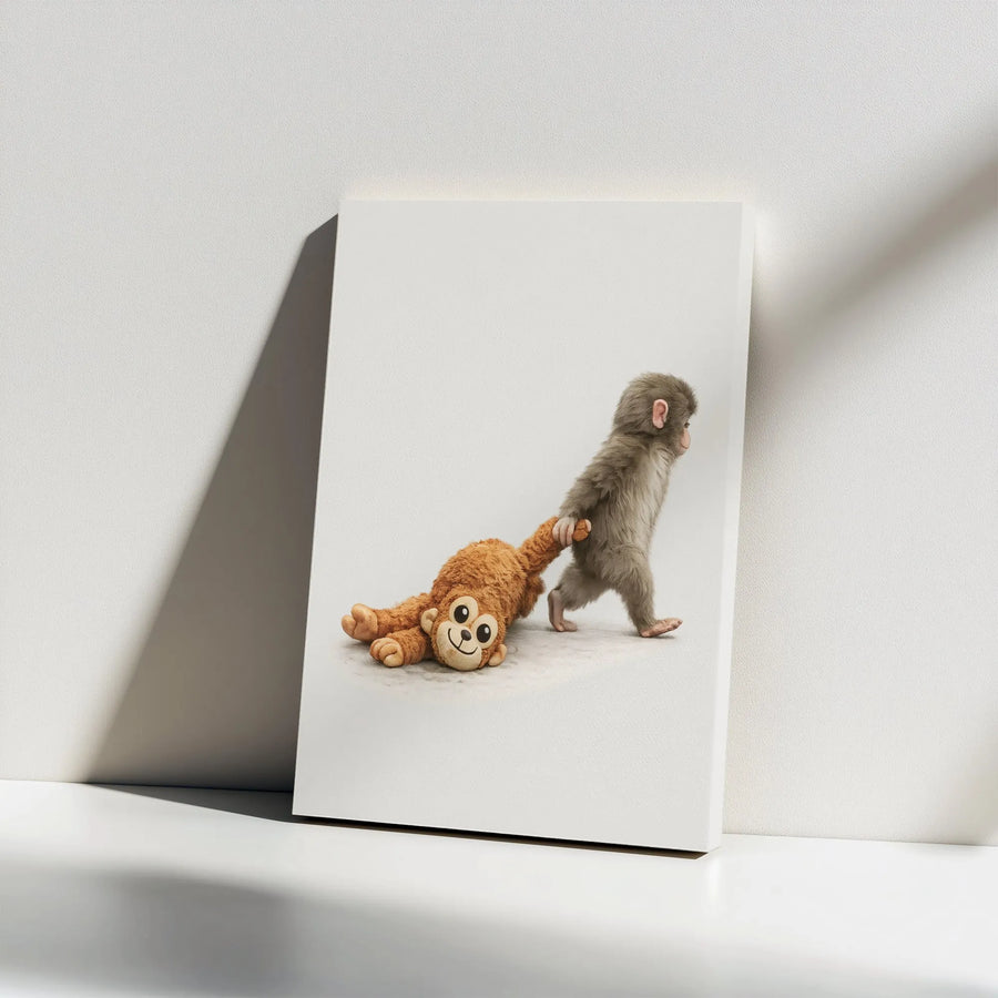 Baby Monkey Canvas Wall Art | Cute Monkey Dragging Stuffed Toy | Premium Fade-Resistant Print | Whimsical Nursery Decor Gift