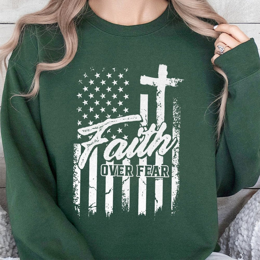 Faith Over Fear Sweatshirt | Patriotic American Flag Cross Graphic | Premium Cotton Blend Unisex Crewneck | Christian Apparel Gift for Men and Women