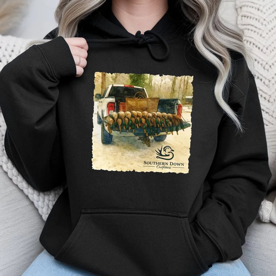 Duck Hunting Hoodie | Watercolor Pickup Truck Graphic | Premium Cotton Blend | Gift for Outdoorsmen and Waterfowl Hunters