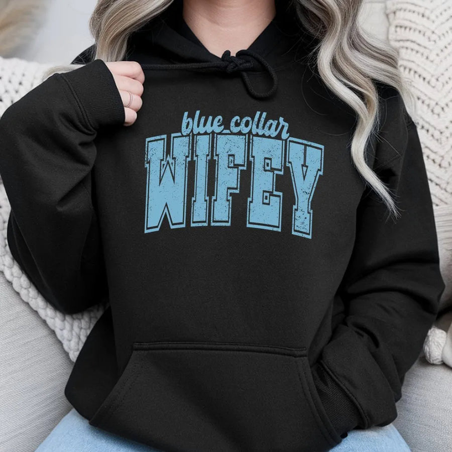 Blue Collar Wife Hoodie | Retro Varsity Graphic Tee | Premium Soft Cotton | Gift for Supportive Spouse & Country Girl Outfit