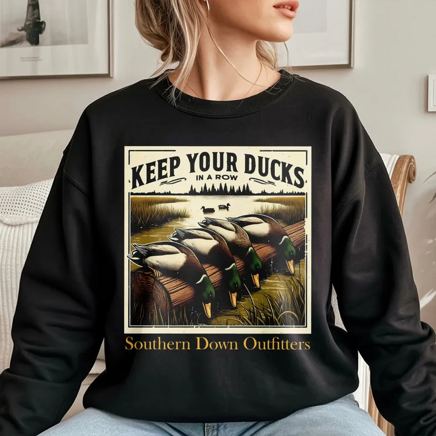Keep Your Ducks In A Row Sweatshirt | Vintage Mallard Duck Hunting Graphic | Premium Cotton Blend | Gift For Outdoorsman And Nature Lovers