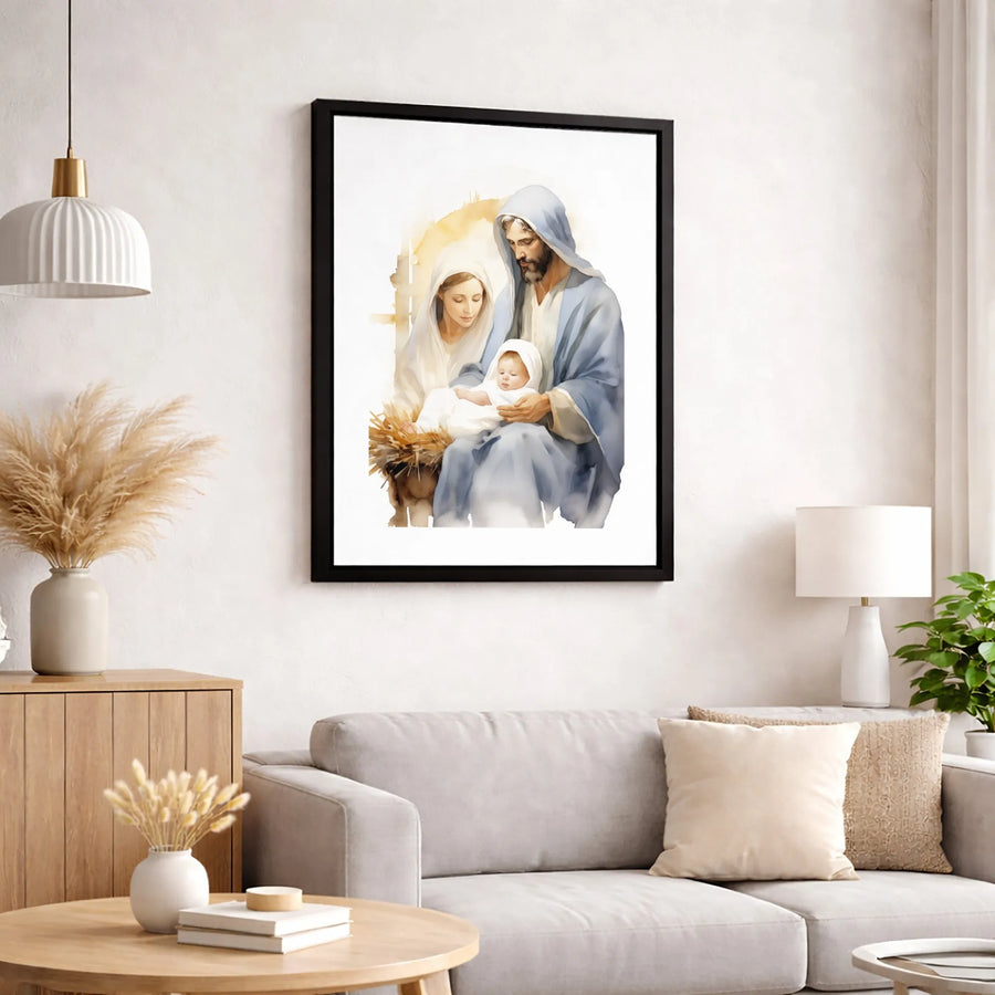 Holy Family Nativity Canvas Print | Watercolor Mary Joseph Baby Jesus | 1.25-Inch Gallery Wrap | Christian Christmas Home Decor Gift