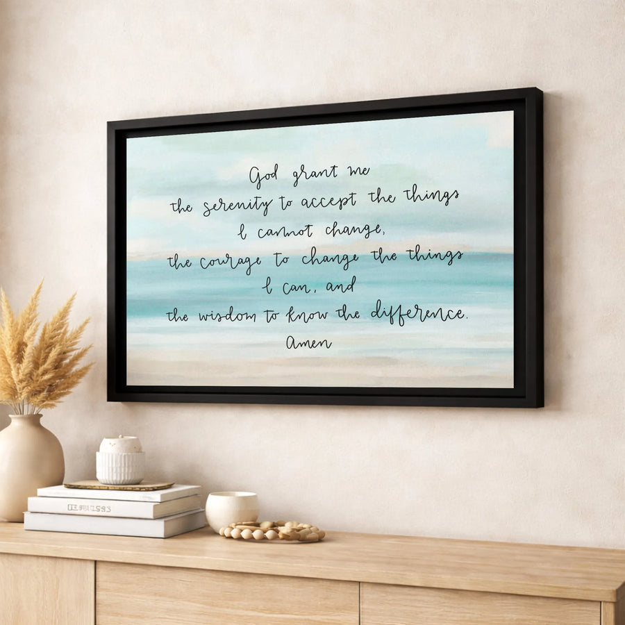 Serenity Prayer Wall Art | Coastal Watercolor Beach Landscape | Premium Gallery Wrapped Canvas | Inspirational Christian Gift for Home Decor