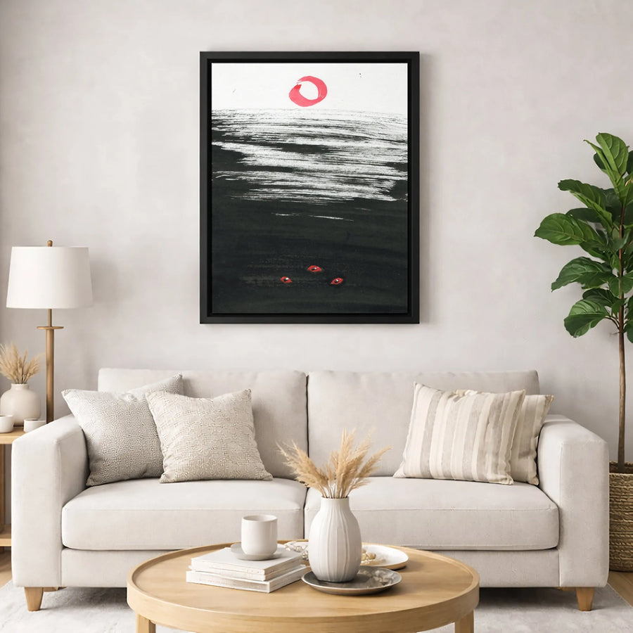Japanese Red Sun Canvas Wall Art | Dark Surreal Monster Eyes Print | Premium 1.25 Inch Gallery Wrap | Modern Home Office Decor Gift