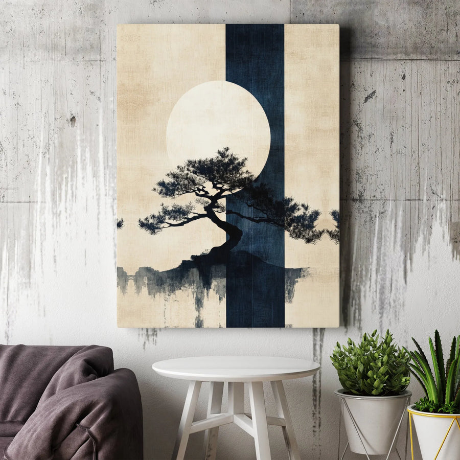 Japanese Zen Bonsai Tree Wall Art | Minimalist Moon Silhouette Print | Premium Gallery Wrapped Canvas | Serene Home Decor for Living Room