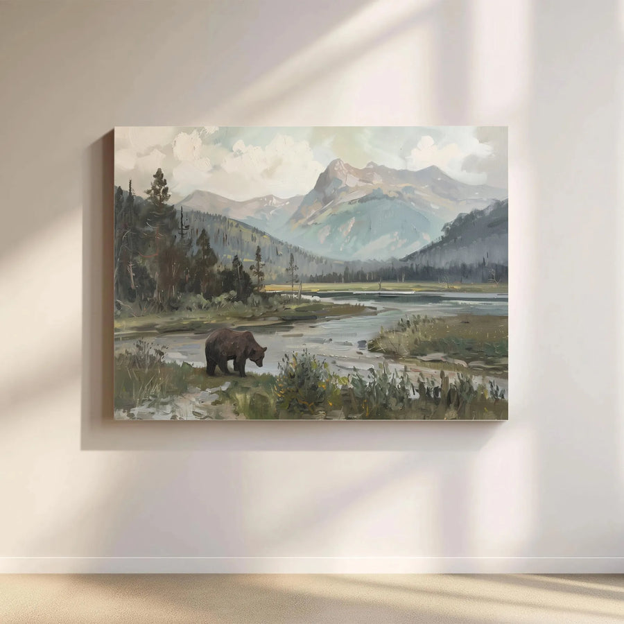 Grizzly Bear Landscape Canvas Print | Mountain River Forest Wall Art | 1.25" Gallery Wrap | Wildlife Cabin Decor Gift