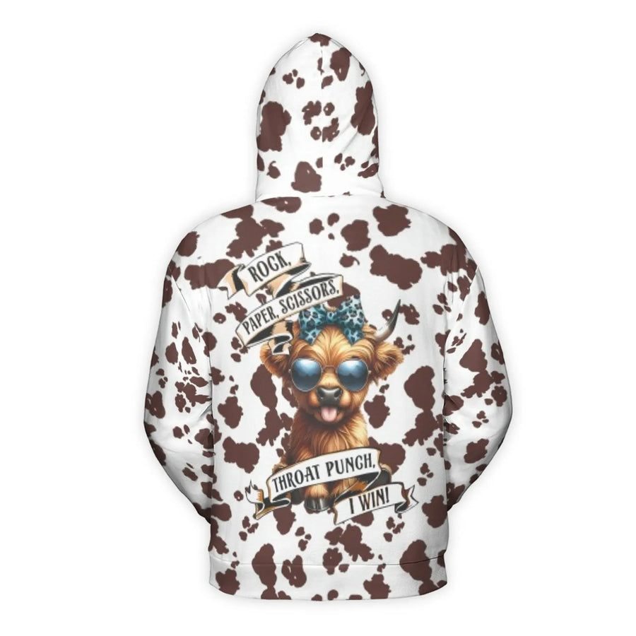 Highland Cow 3D Hoodie | Rock Paper Scissors Throat Punch Funny Quote | Premium Brushed Fleece Graphic Pullover | Gift for Women & Men