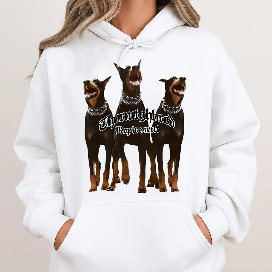 Doberman Graphic Hoodie | Triple Dog Gothic Streetwear Print | Premium Cotton Blend | Edgy Urban Gift For Dog Lovers