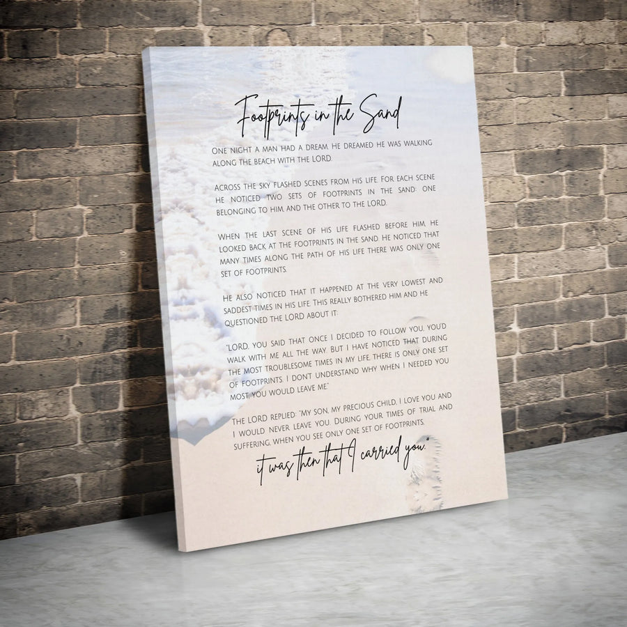 Footprints in the Sand Canvas Wall Art | Inspirational Poem with Ocean Scene | Premium Gallery Wrapped Canvas | Christian Home Decor Religious Gift