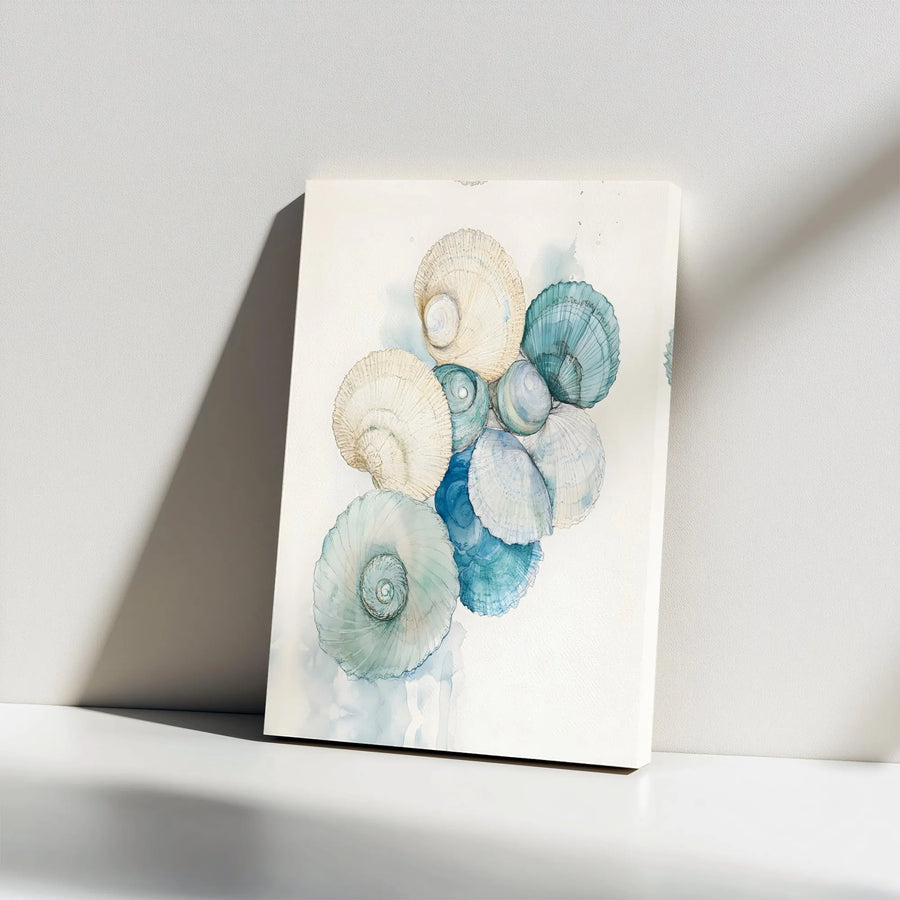 Coastal Seashell Wall Art | Watercolor Shells Print Gallery Wrap | Premium Stretched Canvas | Beach House Decor for Bathroom or Living Room