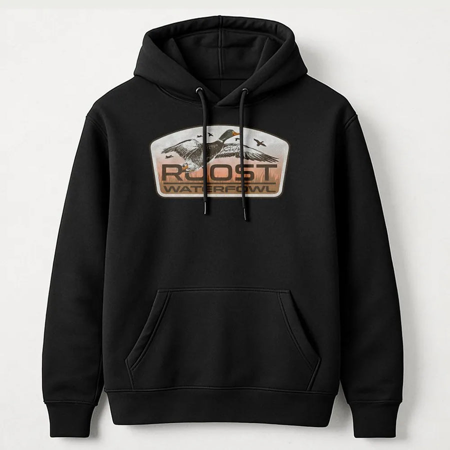 Roost Waterfowl Duck Hunting Hoodie | Flying Mallard Graphic Design | Premium Cotton-Blend | Perfect Gift for Hunters and Nature Lovers