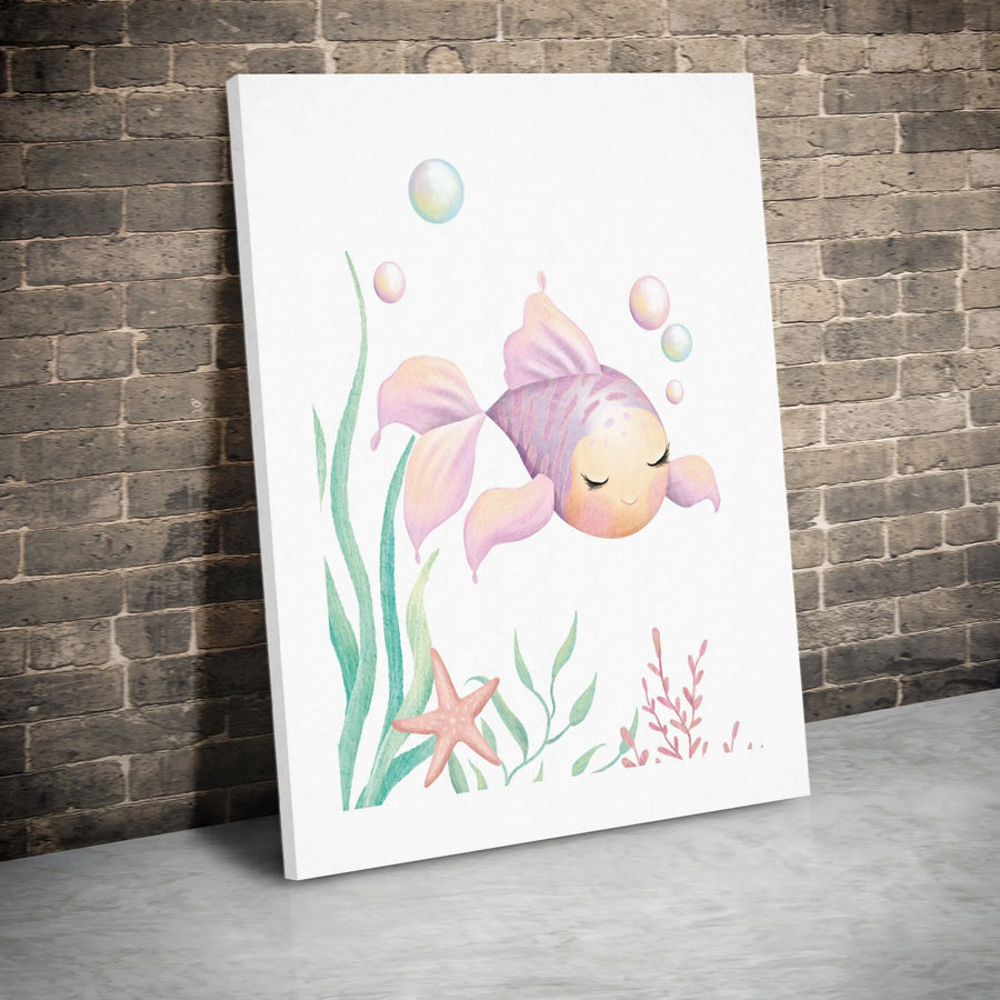 Cute Sleeping Goldfish Canvas Art | Watercolor Ocean Nursery Decor | Premium Fade-Resistant Print | Whimsical Underwater Wall Decor Gift