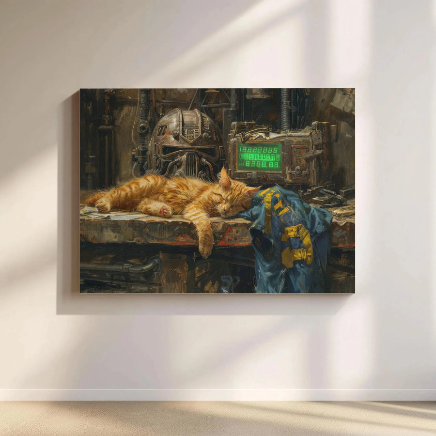 Post-Apocalyptic Cat Wall Art | Sleeping Tabby with Power Armor Helmet | Gallery Quality Stretched Canvas | Gamer Home Office Gift