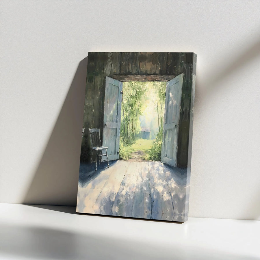 Rustic Barn Door Canvas Wall Art | Open Doorway Sunlit Forest Path Painting | Premium Gallery Wrap Decor | Farmhouse Interior Home Gift