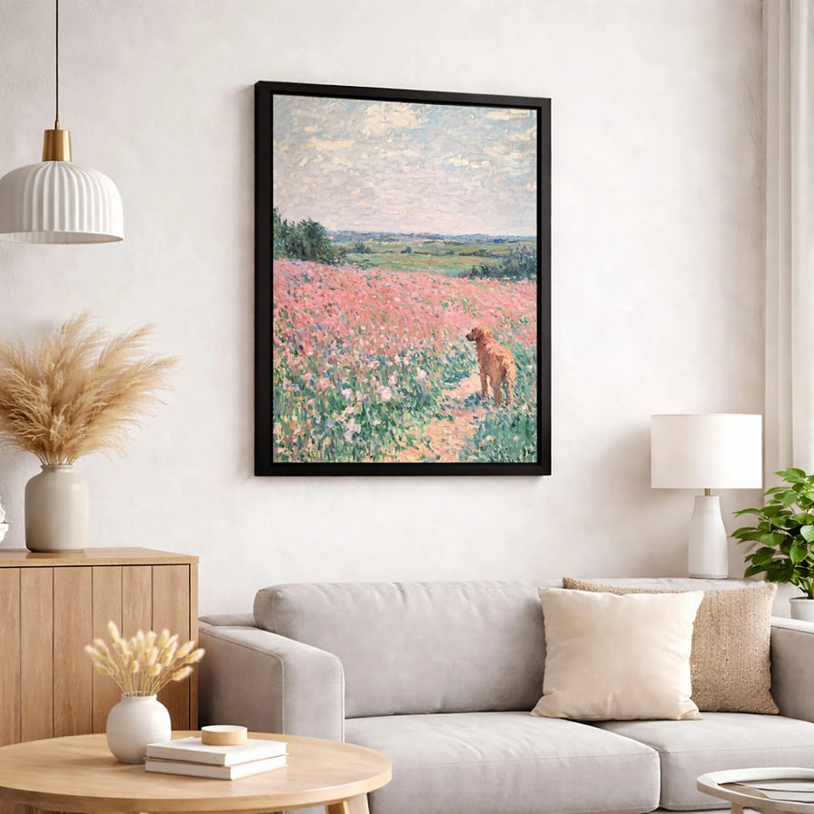 Golden Retriever Painting Canvas | Impressionist Floral Meadow Art | Gallery Quality Premium Print | Dog Lover Home Decor Gift