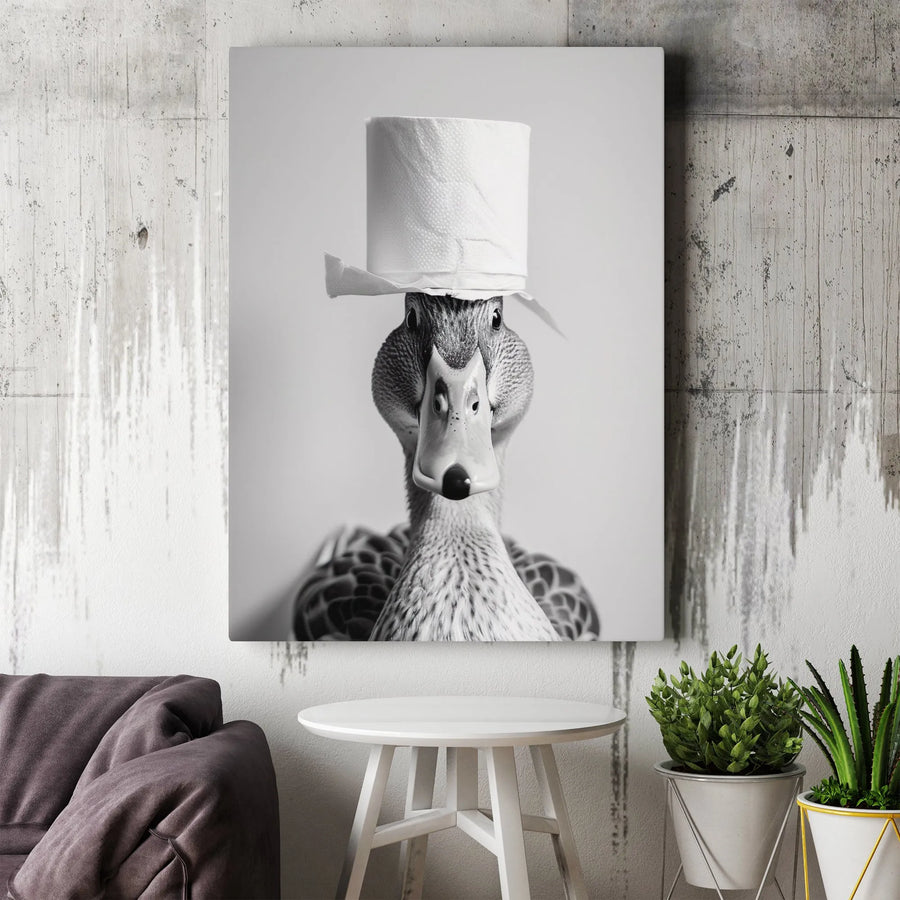 Funny Duck Canvas Art | Quirky Toilet Paper Hat Animal Portrait | Gallery Quality 1.25 Inch Print | Unique Bathroom Wall Decor Gift