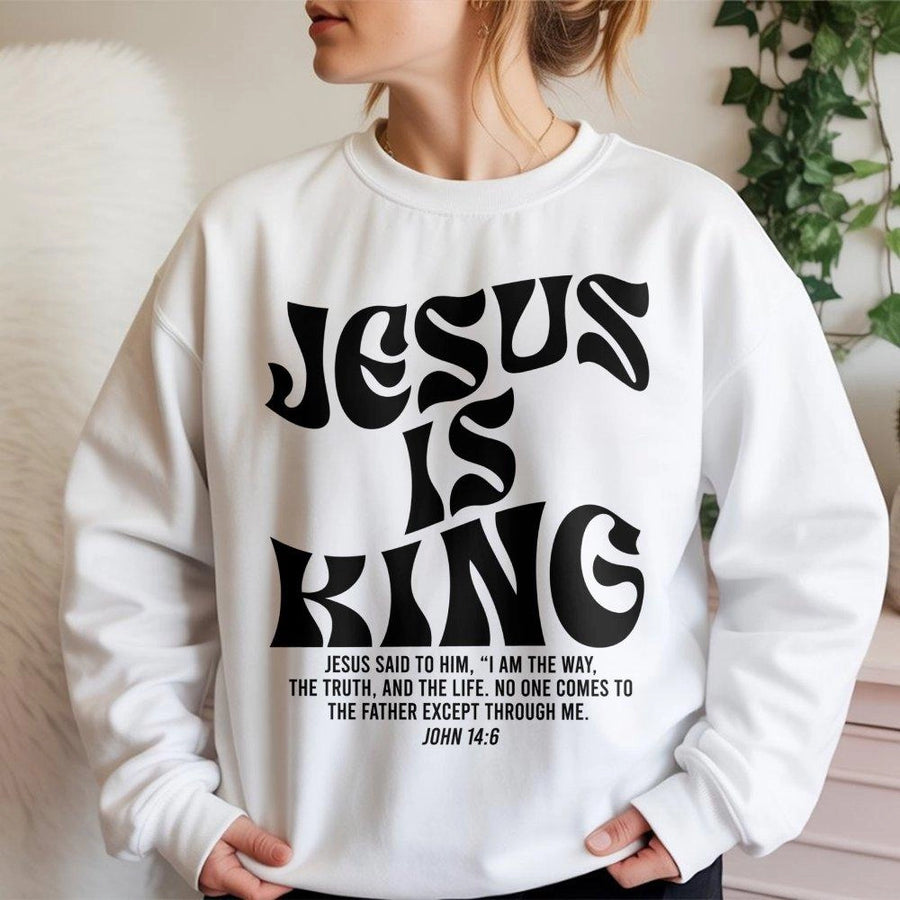 Jesus Is King Sweatshirt | John 14:6 Bible Verse Graphic | Premium Cotton Blend Crewneck | Christian Faith Apparel Gift for Men and Women