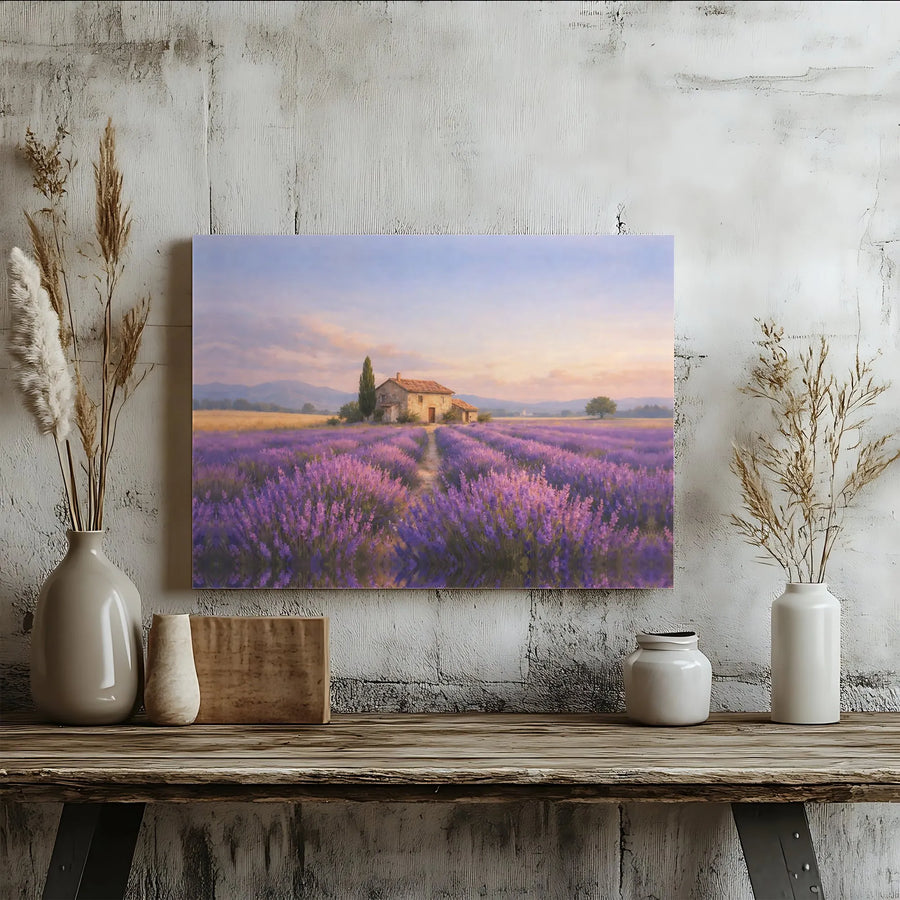 Lavender Field Canvas Art | Rustic Farmhouse at Sunset Painting | Premium Gallery Wrap Print | Gift for Living Room Home Decor