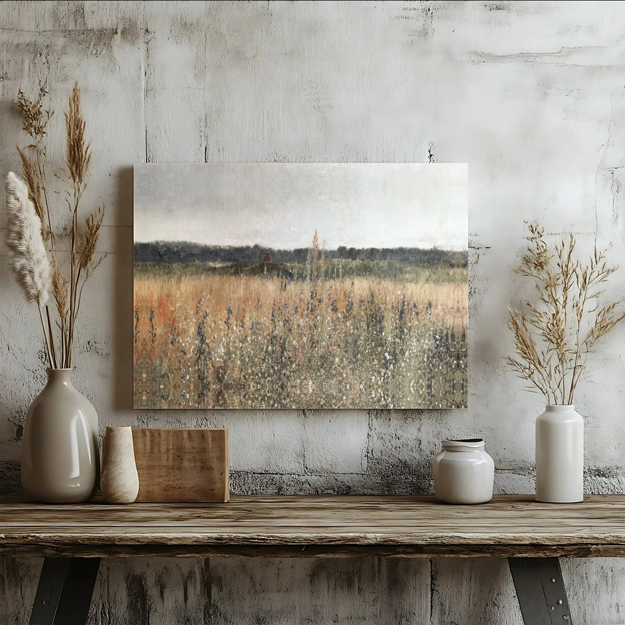 Wildflower Meadow Landscape Wall Art | Abstract Neutral Canvas Print | Gallery Quality 1.25" Profile | Modern Farmhouse Home Decor