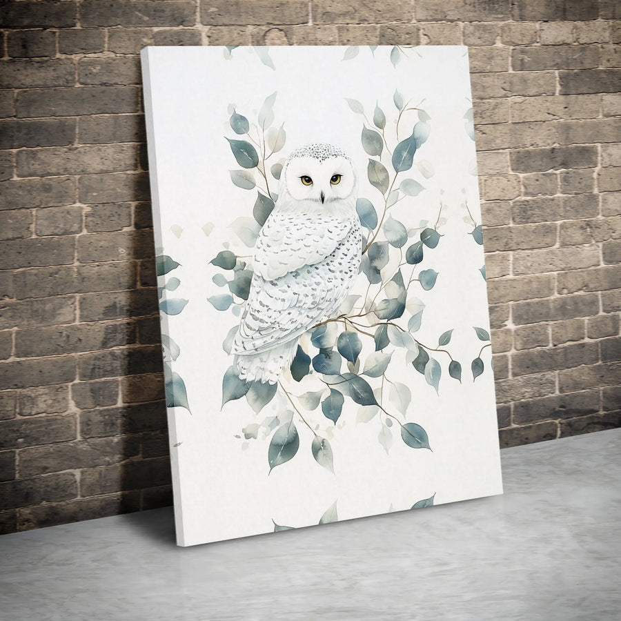 Snowy Owl Watercolor Canvas Wall Art | Minimalist Eucalyptus Botanical Print | Premium Gallery Wrapped Canvas | Gift for Nature Lover, Woodland Nursery Decor