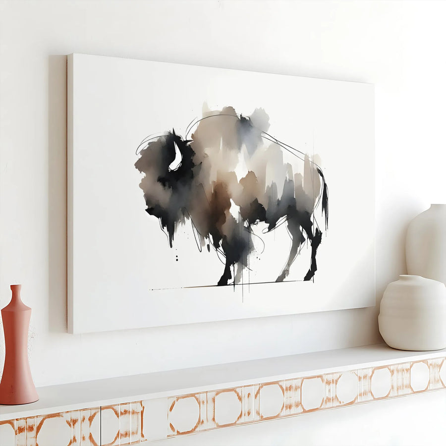 Abstract Bison Canvas Wall Art | Minimalist Watercolor Ink Print | Premium 1.25-Inch Gallery Wrap | Wildlife Home Office Decor Gift