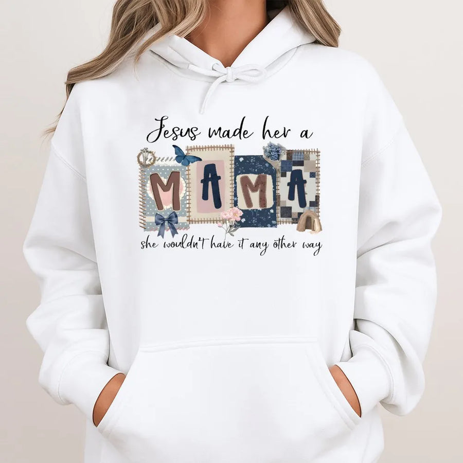 Christian Mom Hoodie | Jesus Made Her A Mama Quilt Graphic Tee | Soft Cotton Apparel | Faith Based Gift for Her, Mother's Day Present