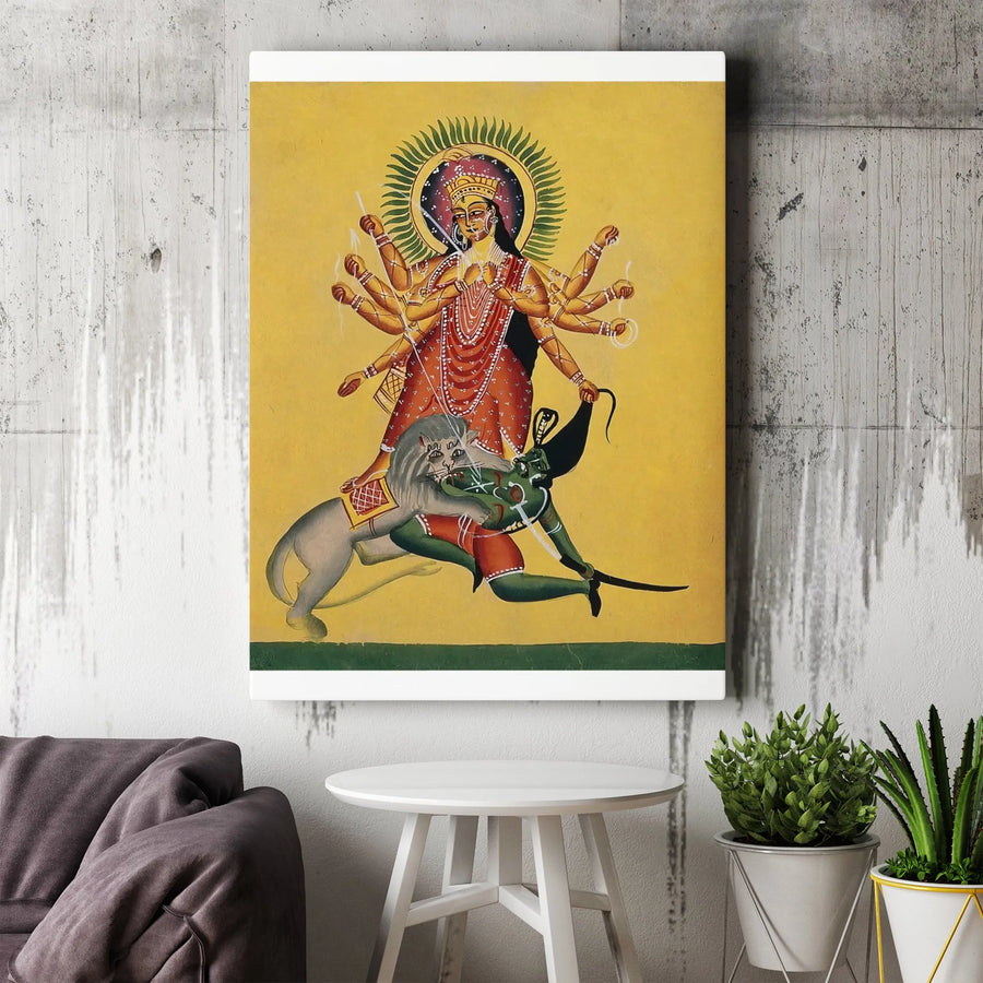 Goddess Durga Slaying Mahishasura Canvas Art | Hindu Mythology Wall Decor | 1.25 Inch Gallery Wrap | Spiritual Indian Home Gift