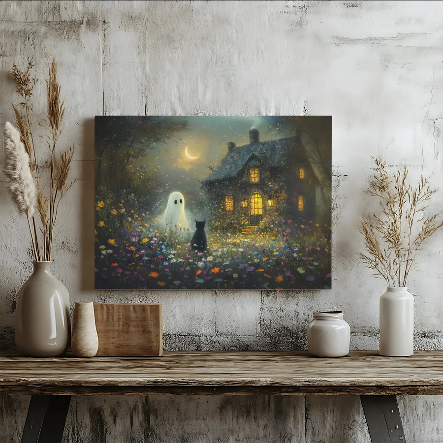 Ghost and Black Cat Canvas Art | Cottagecore Halloween Wall Decor | Premium Fade-Resistant Print | Spooky Autumn Home Gift