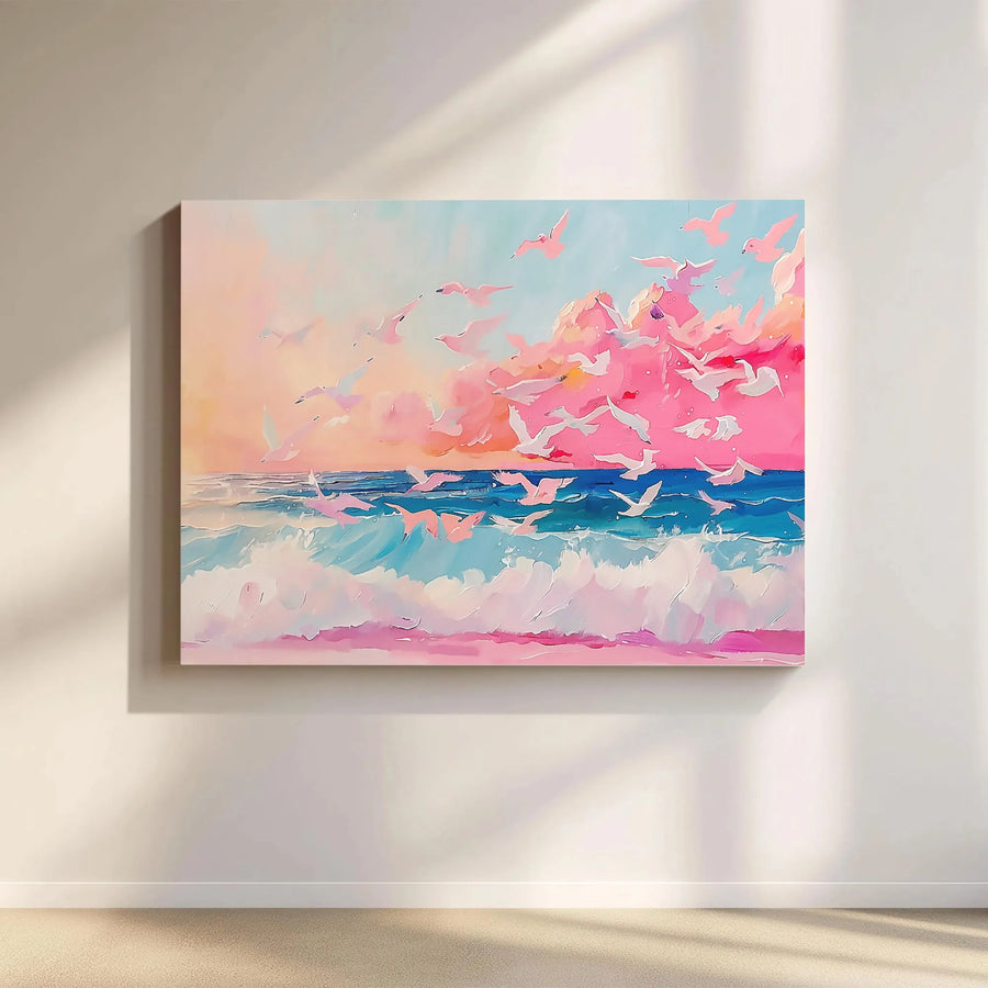 Abstract Ocean Canvas Print | Pastel Sunset Coastal Art with Birds | Premium Gallery Wrap Canvas | Modern Beach House Decor Gift