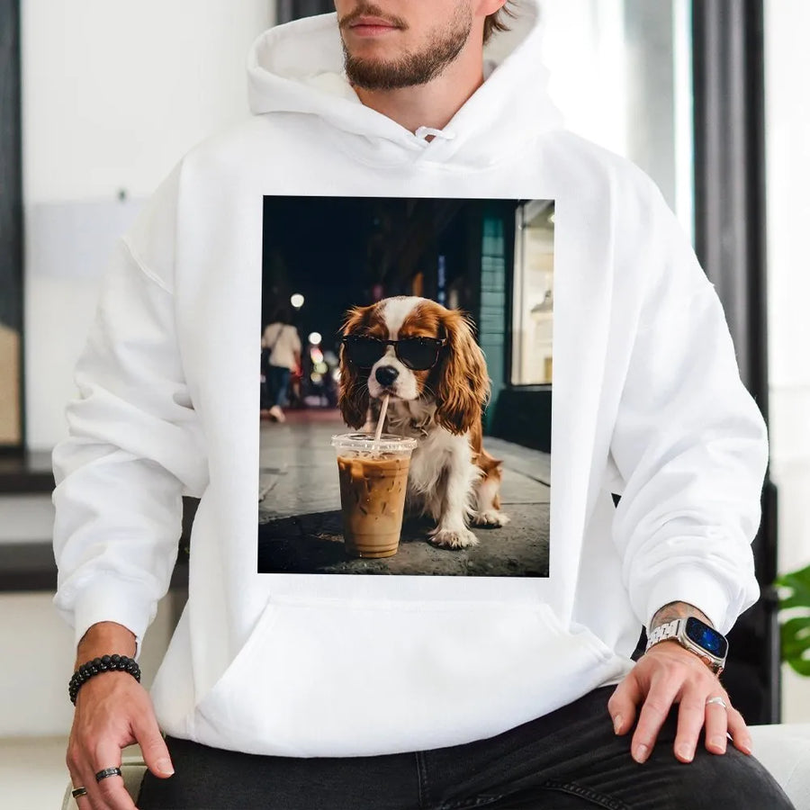 Cavalier King Charles Spaniel Hoodie | Funny Dog with Sunglasses | Premium Cotton Blend | Gift for Dog Mom, Iced Coffee Lover Sweatshirt