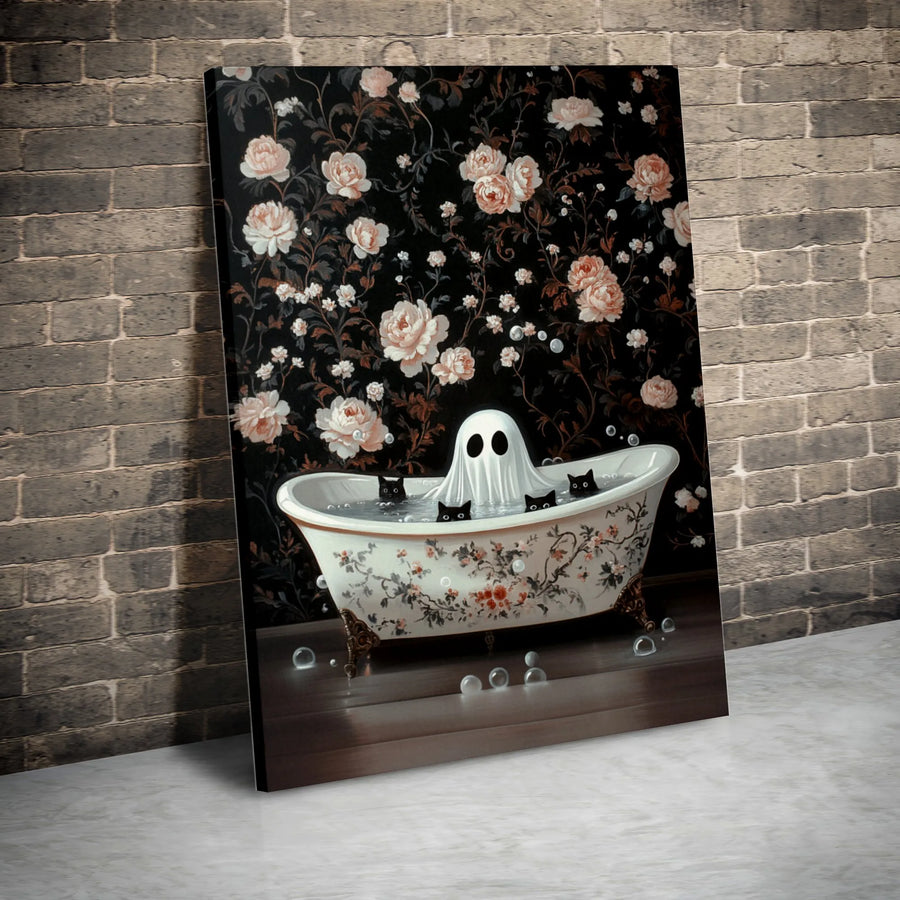 Ghost In Bathtub With Black Cats Canvas | Spooky Floral Gothic Wall Art | Premium Gallery Wrapped Decor | Whimsical Halloween Gift For Home