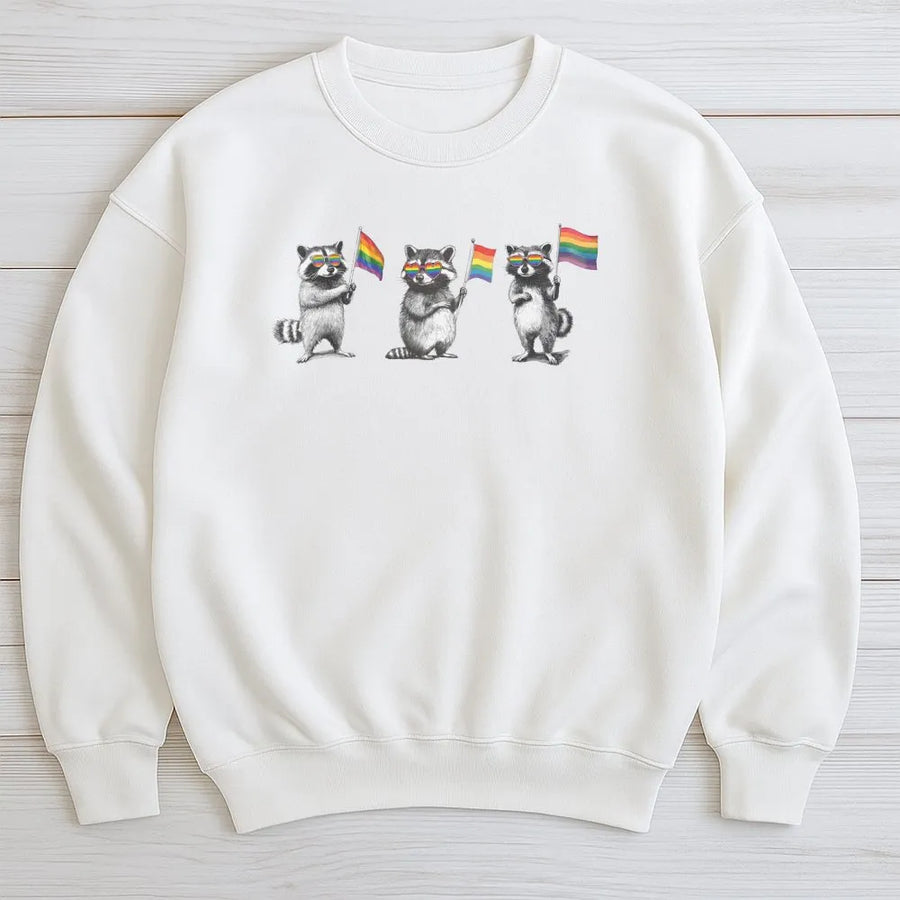Raccoon Pride Sweatshirt | Vintage LGBT Ally Graphic with Rainbow Flags | Soft Cotton Blend | LGBTQ Queer Pride Gift