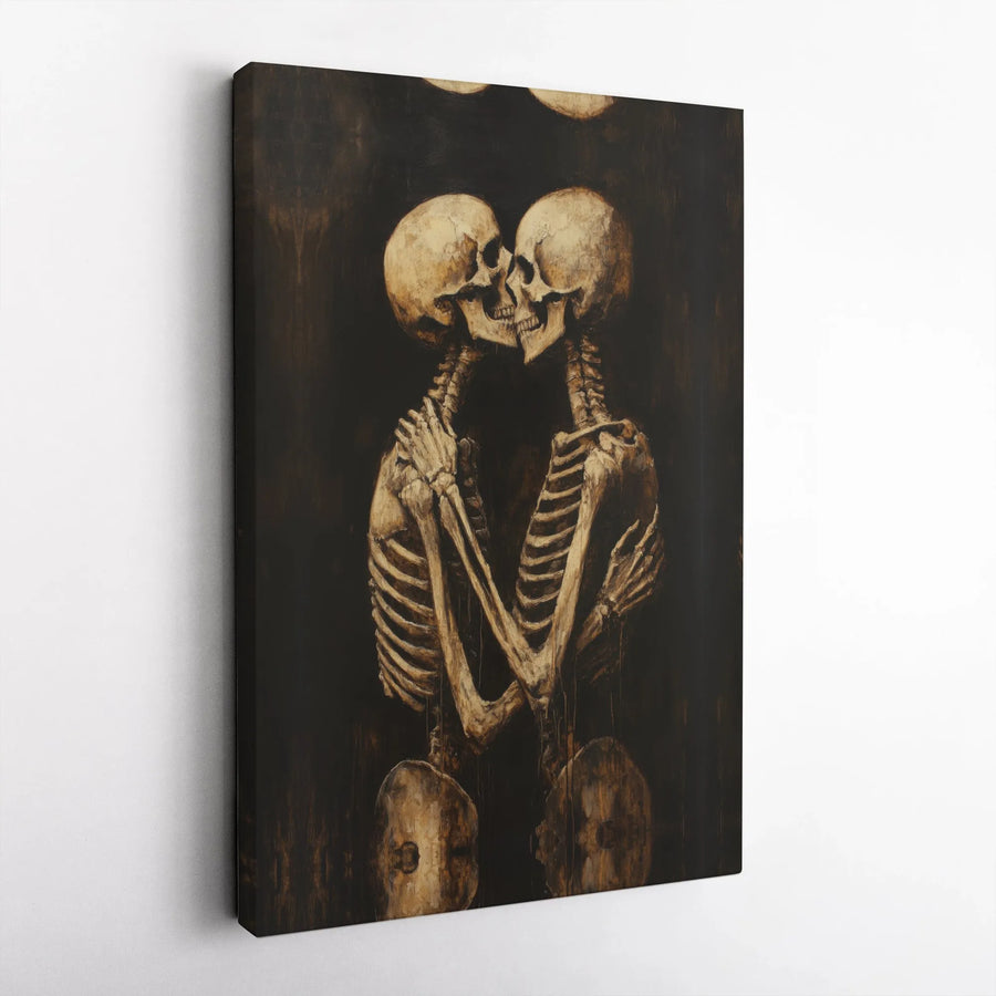 Kissing Skeletons Canvas Wall Art | Gothic Romantic Lovers Illustration | Premium Gallery-Wrapped 1.25" Profile | Dark Academia Home Decor Gift